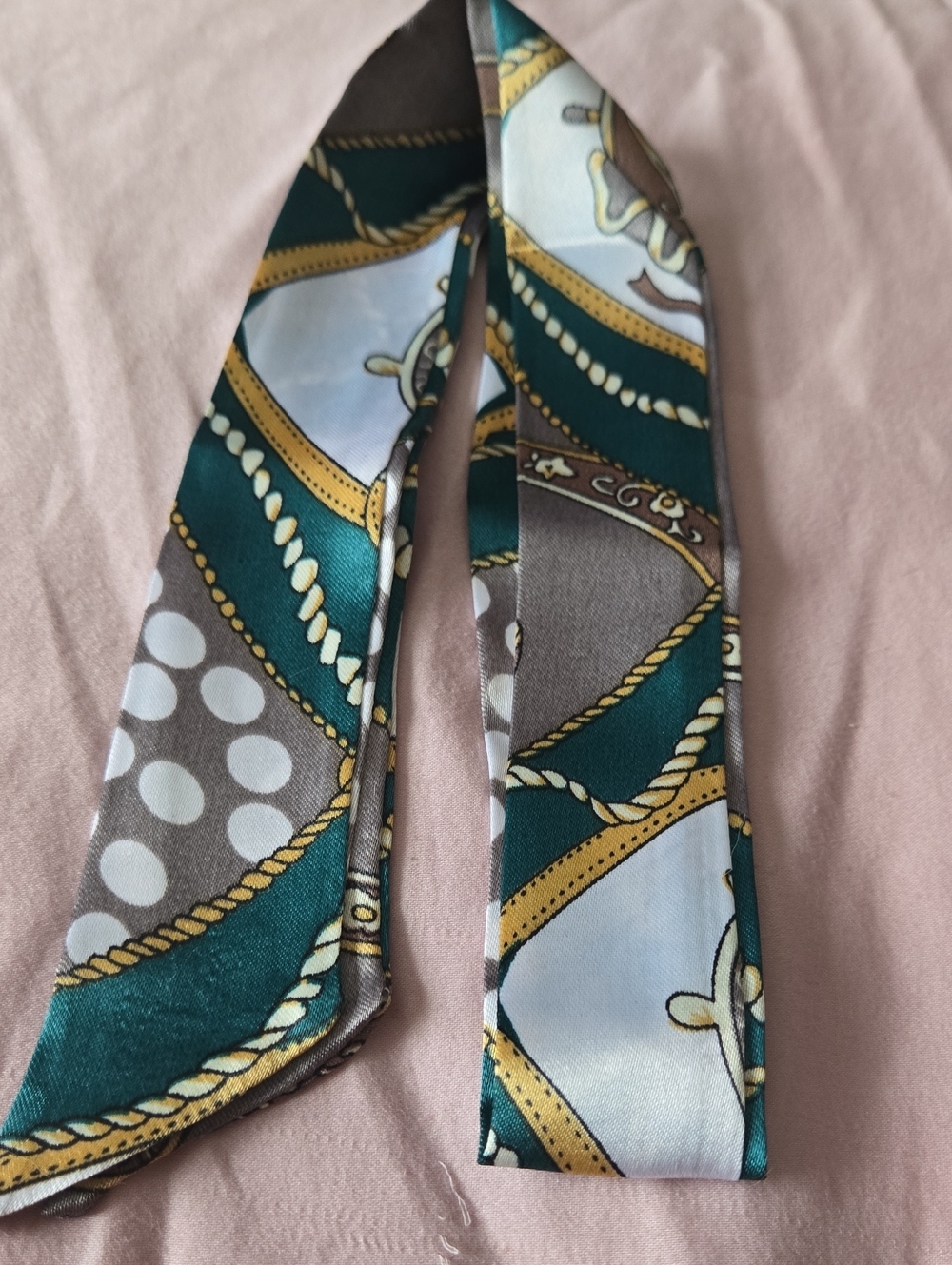 Silk-Inspired Teal Green & Gray Patterned Twilly Scarf, For Bags Or Wear!!